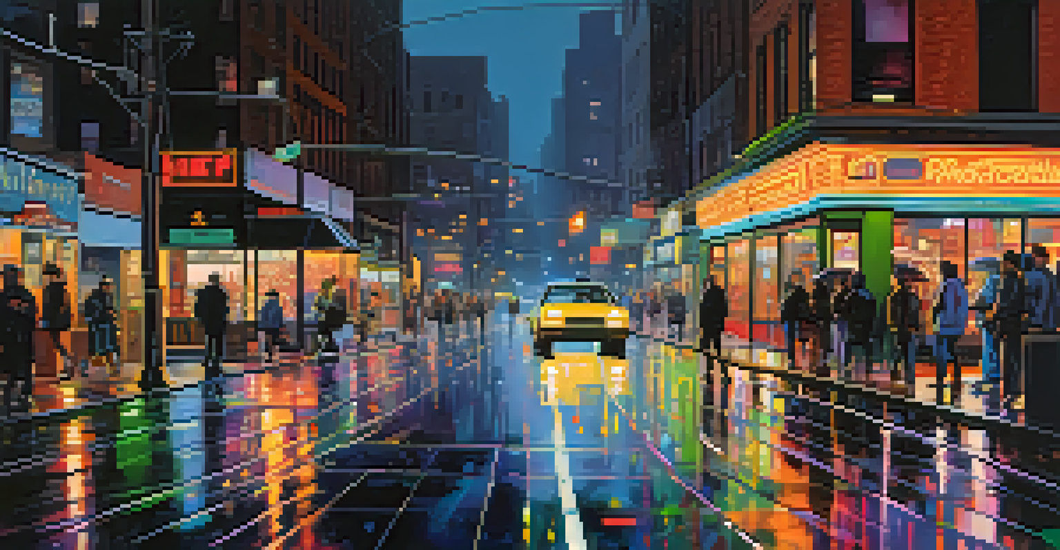 A vibrant city street at night with neon lights and reflections on wet pavement, showcasing urban life.