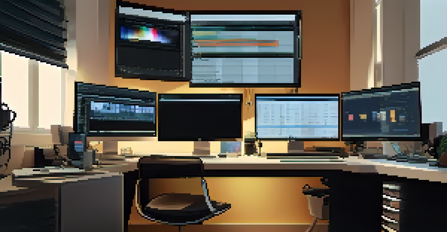 A film editing suite with a computer screen showing a video editing timeline and editing tools.