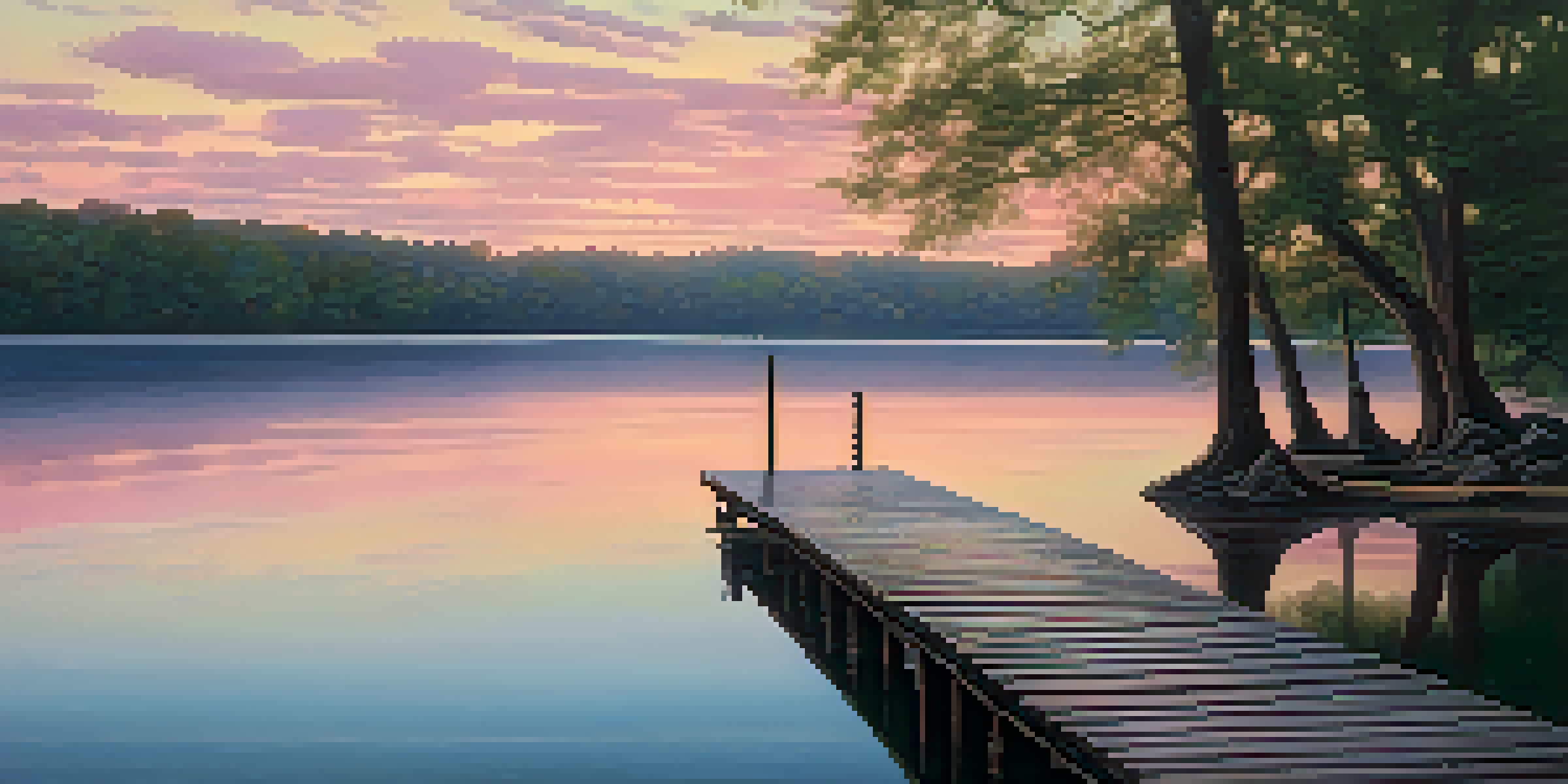 A tranquil lake at dusk with a wooden dock and colorful sky.