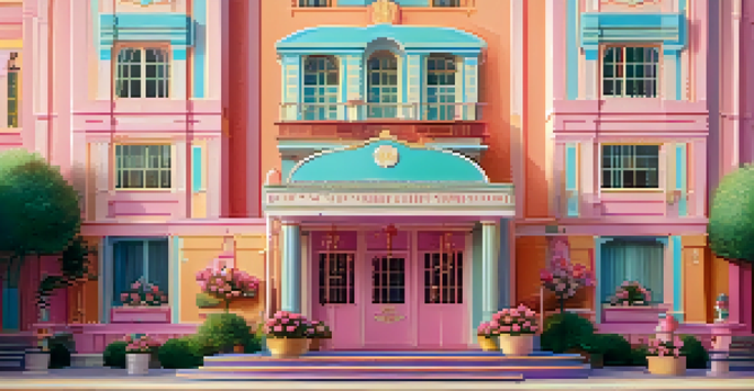A whimsical film set with symmetrical architecture and pastel colors, featuring neatly arranged props and vibrant flowers.