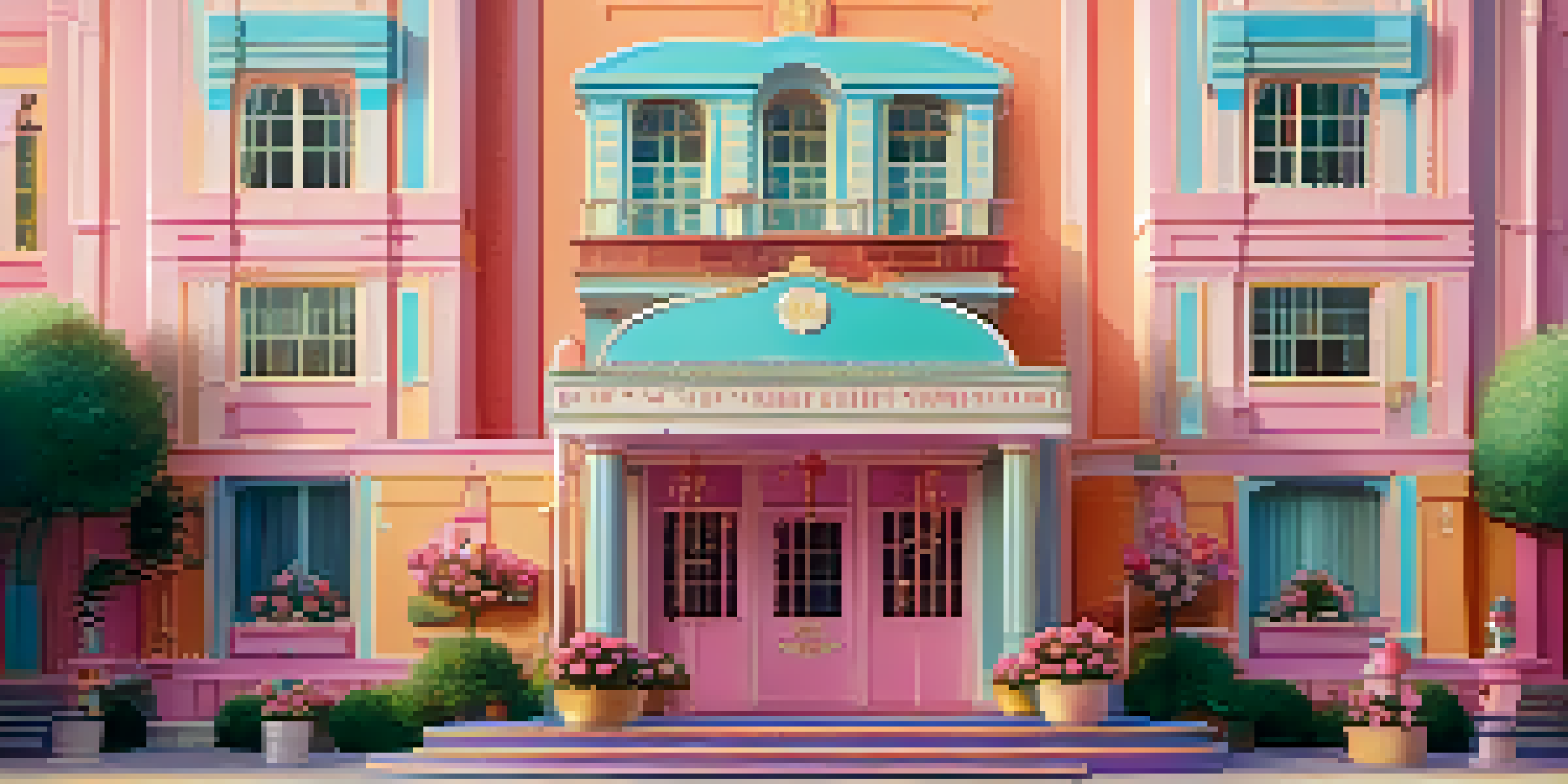 A whimsical film set with symmetrical architecture and pastel colors, featuring neatly arranged props and vibrant flowers.