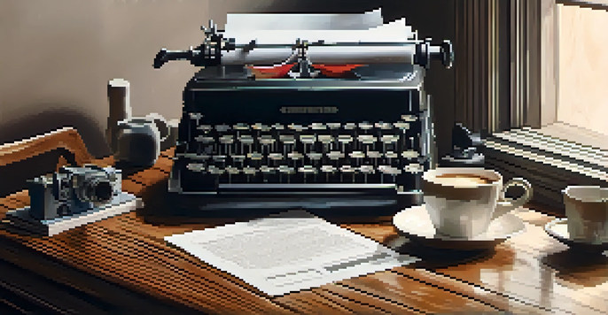 A close-up of a film production agreement document on a wooden table, with a vintage typewriter and a cup of coffee, illuminated by soft natural light.