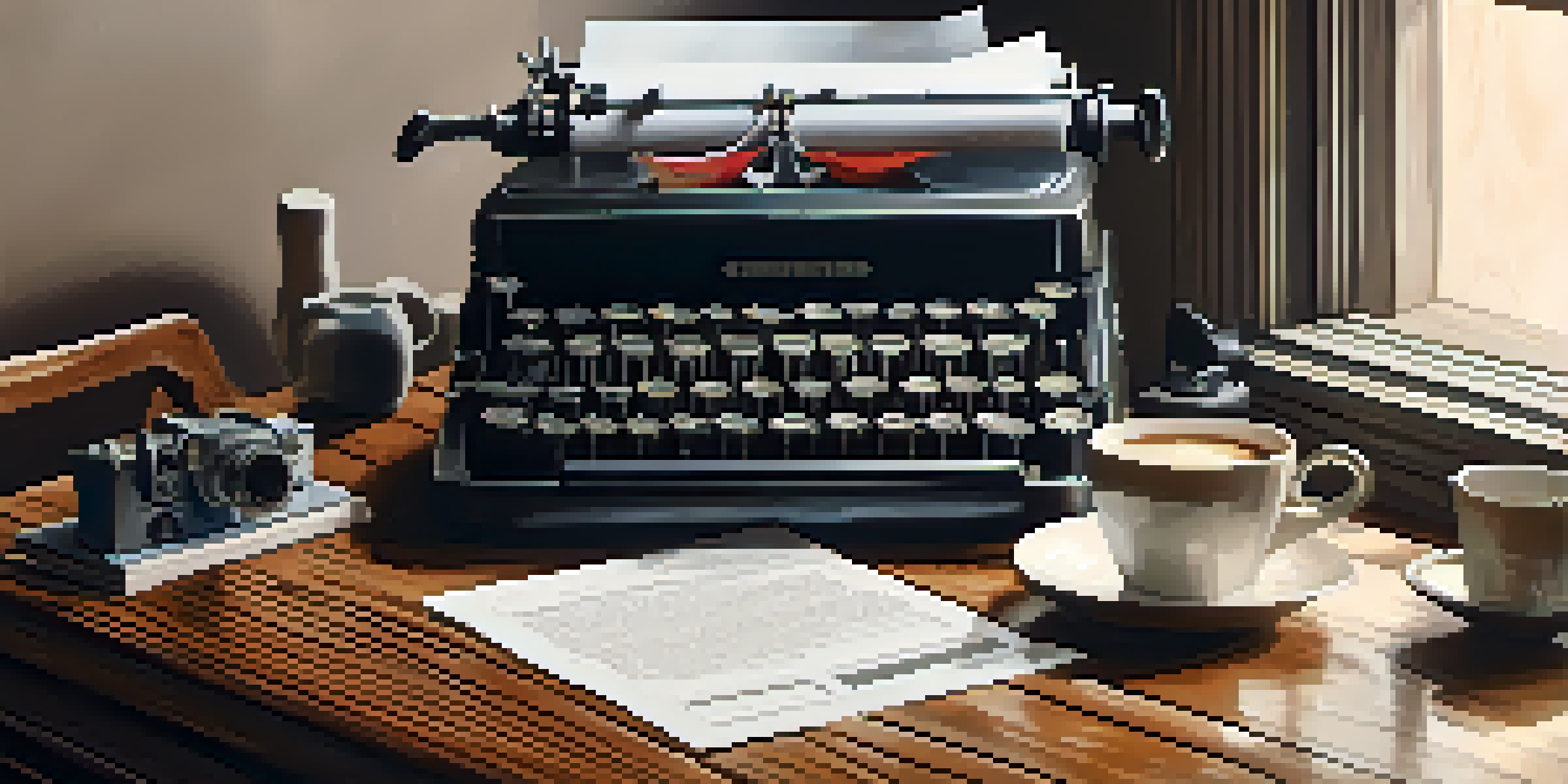 A close-up of a film production agreement document on a wooden table, with a vintage typewriter and a cup of coffee, illuminated by soft natural light.