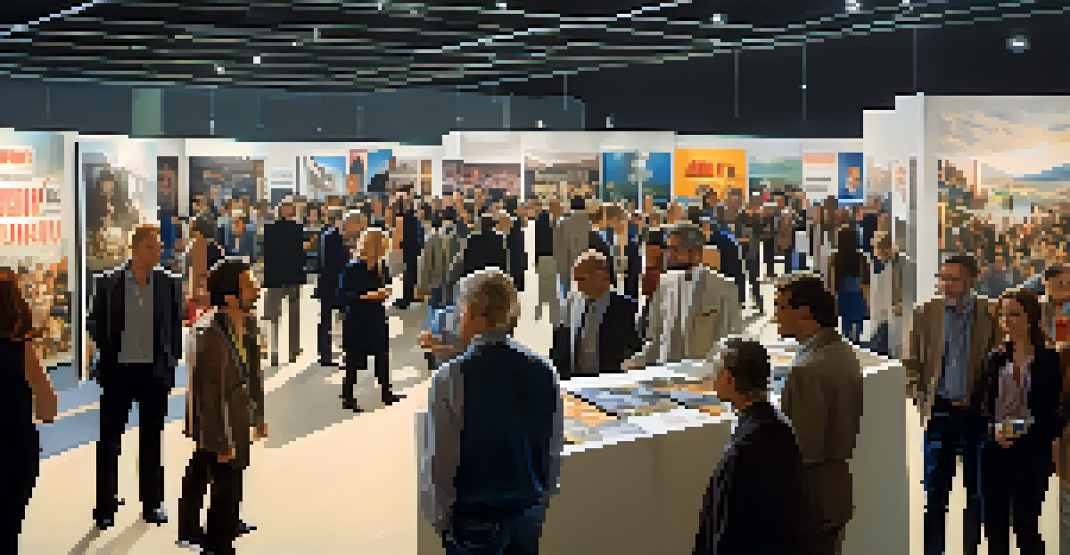 A bustling exhibition hall at the European Film Market, with film industry professionals networking and colorful film posters displayed.