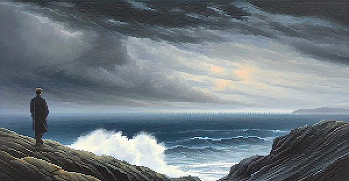 A person on a cliff looking out at a stormy ocean, emphasizing feelings of isolation with a dramatic sky.