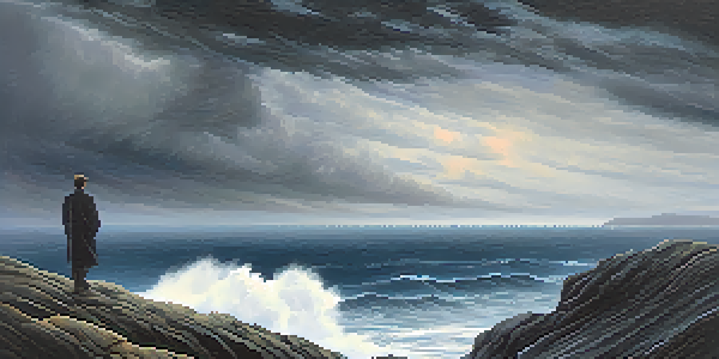 A person on a cliff looking out at a stormy ocean, emphasizing feelings of isolation with a dramatic sky.