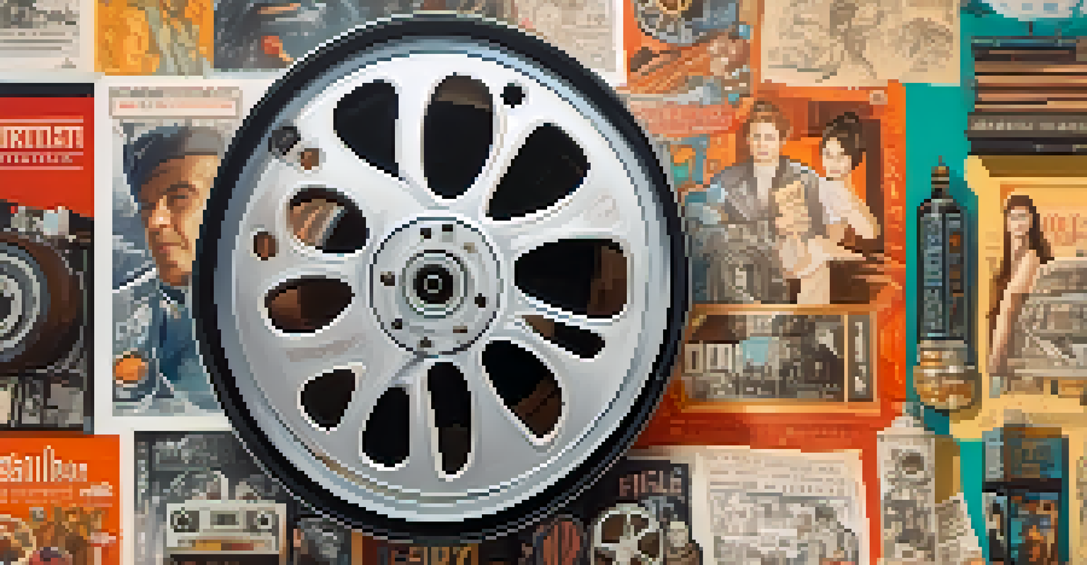 A close-up of an artistic film reel surrounded by character sketches and vibrant film posters, with soft light enhancing the textures.