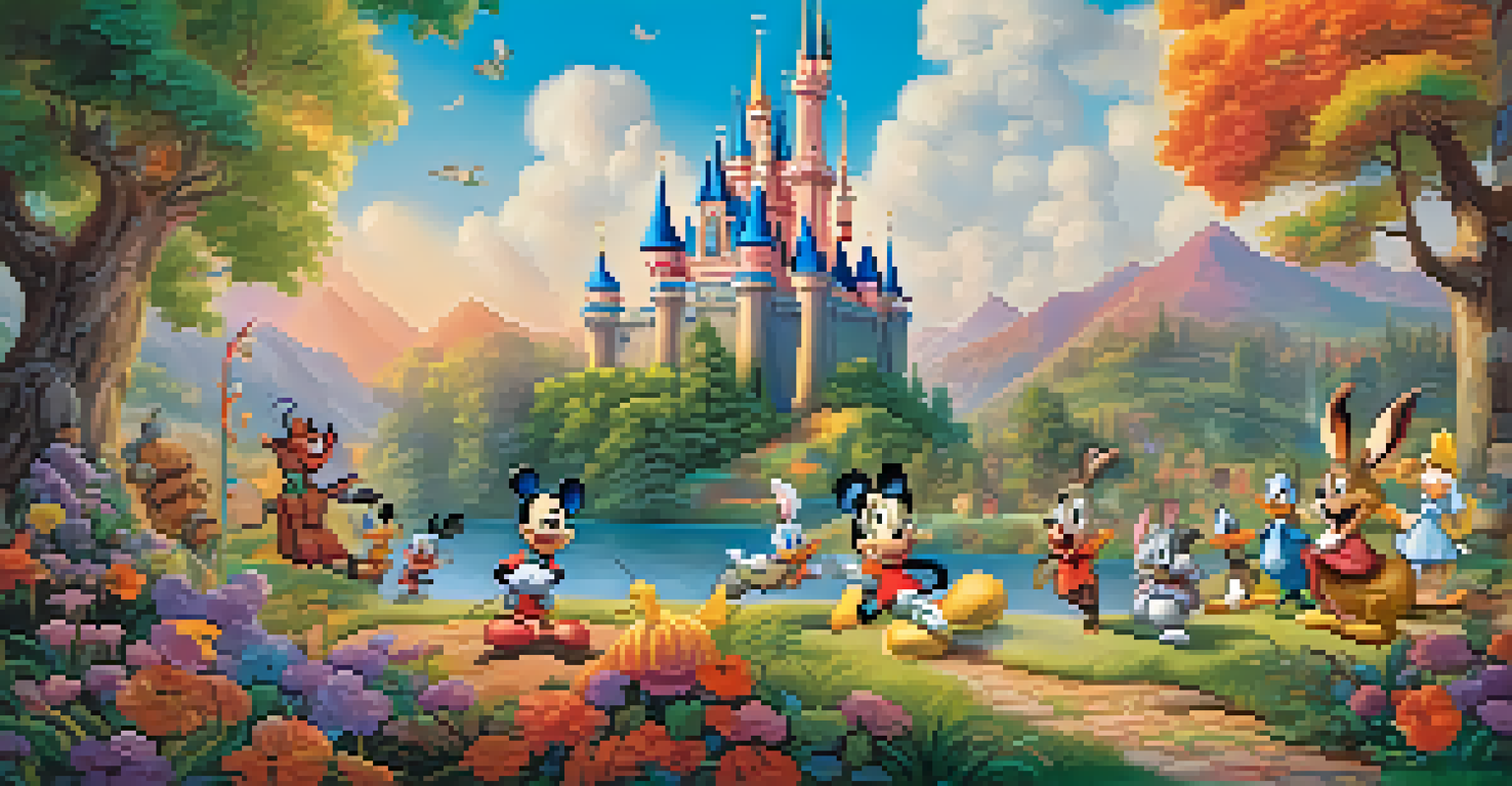 Iconic animated characters like Mickey Mouse and Bugs Bunny in a colorful landscape with a castle.