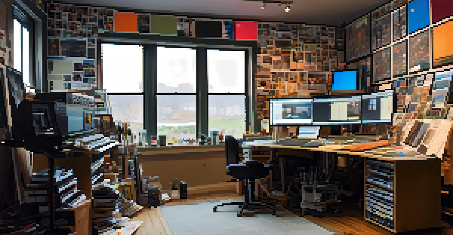 An artist's studio showcasing advanced film technology, with digital cameras, storyboards, and bright natural light illuminating the workspace.