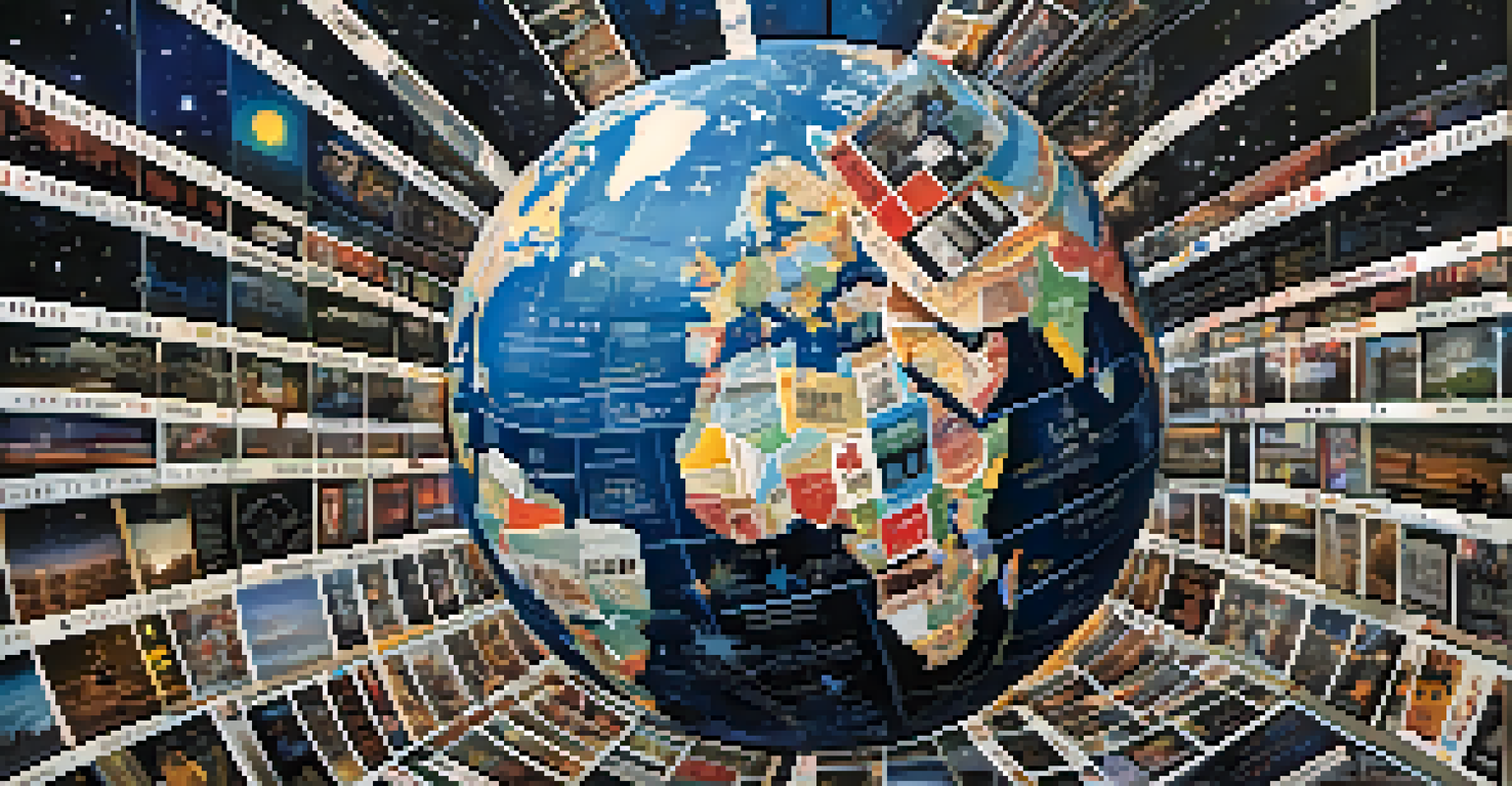 A globe made of film strips and movie posters against a starry night sky, with constellations shaped like film cameras.