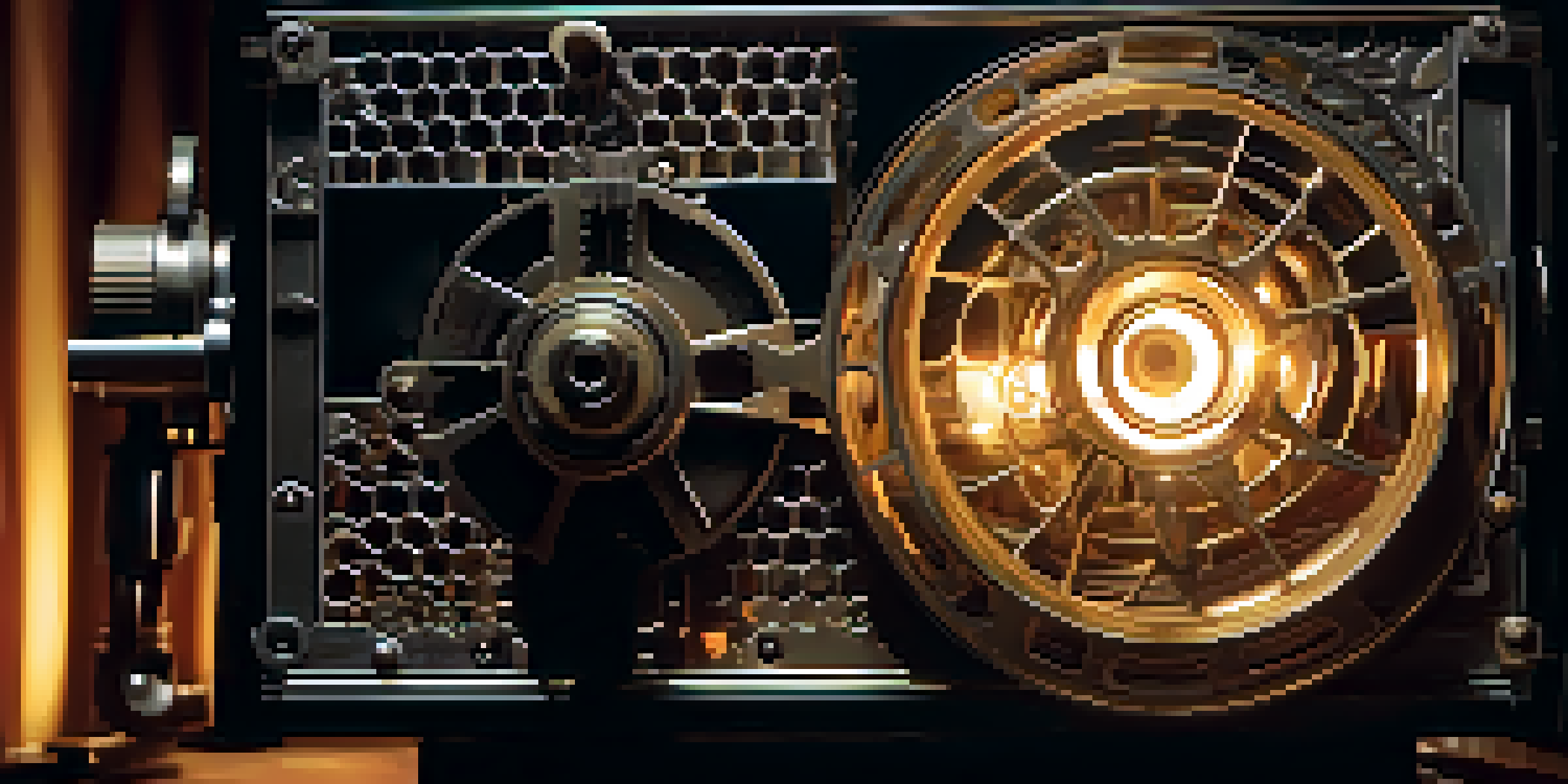 A close-up of a vintage film projector in a dark room, casting light onto a screen, emphasizing its intricate gears and mechanics.