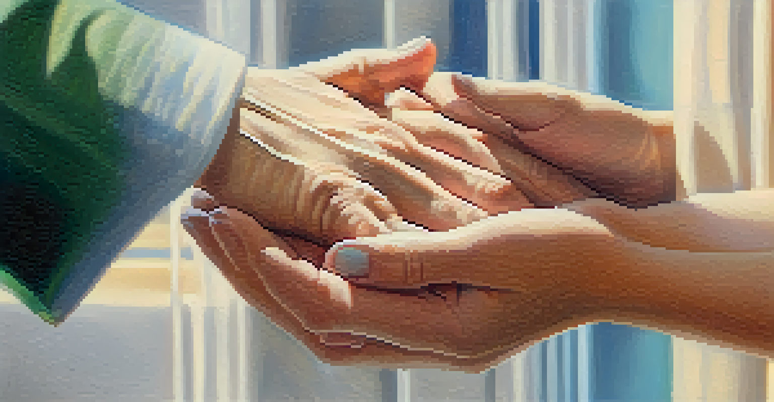 A close-up of a therapist's hand holding a client's hand, representing support and understanding.