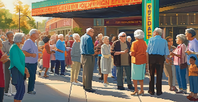 A diverse group of older adults discussing animatedly outside a theater during a film festival, with colorful banners and a large screen in the background.