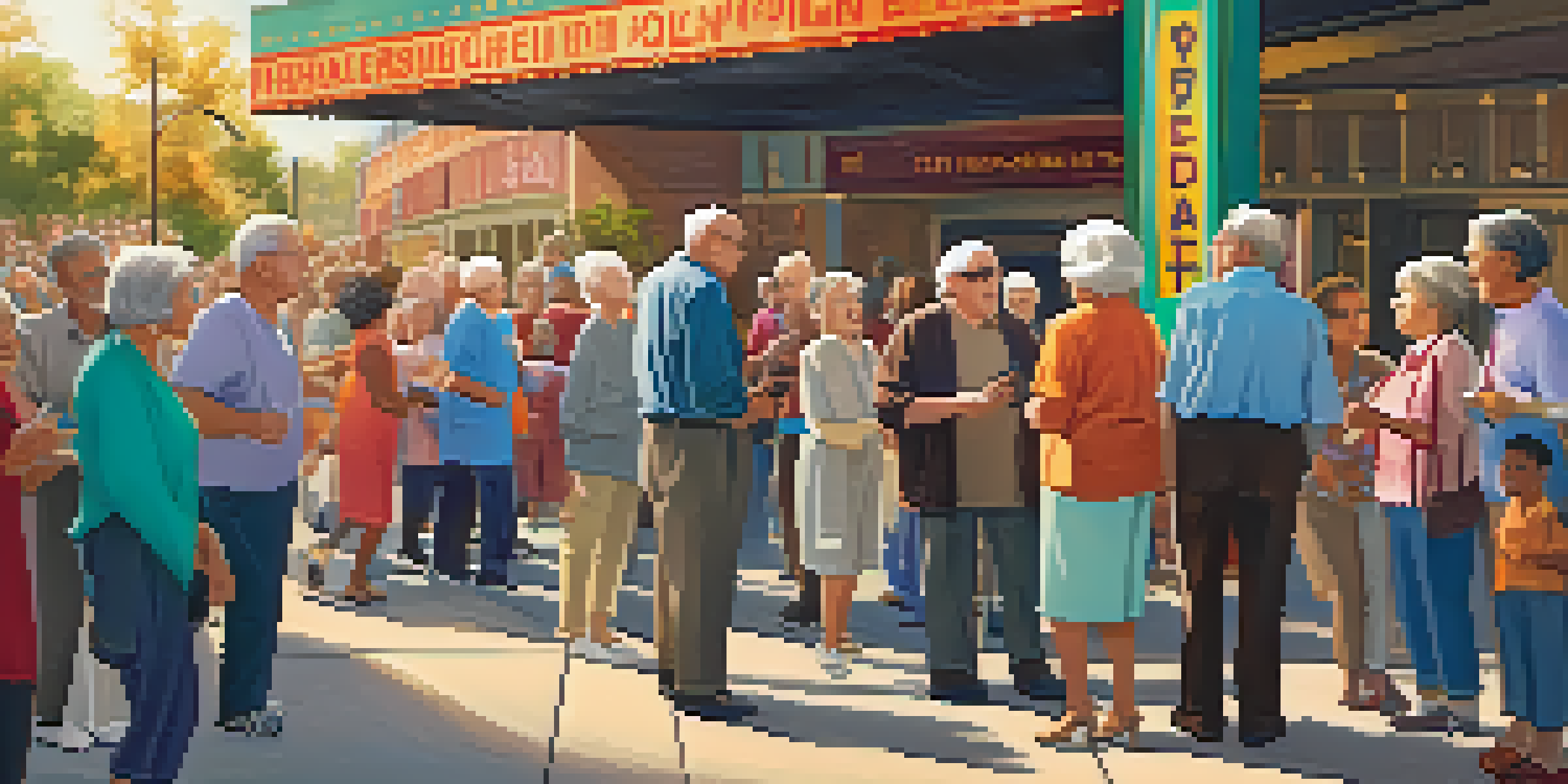 A diverse group of older adults discussing animatedly outside a theater during a film festival, with colorful banners and a large screen in the background.