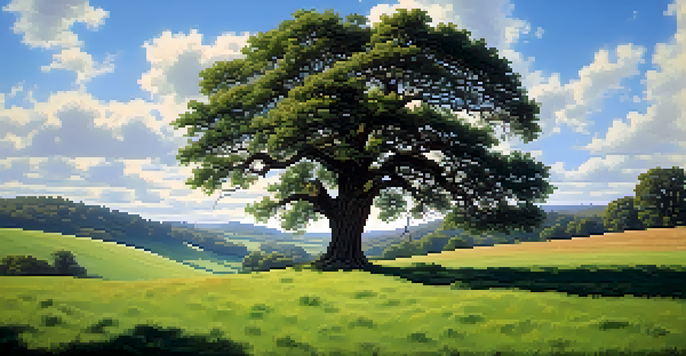 A tranquil meadow with a large oak tree, rolling hills, and a clear blue sky.