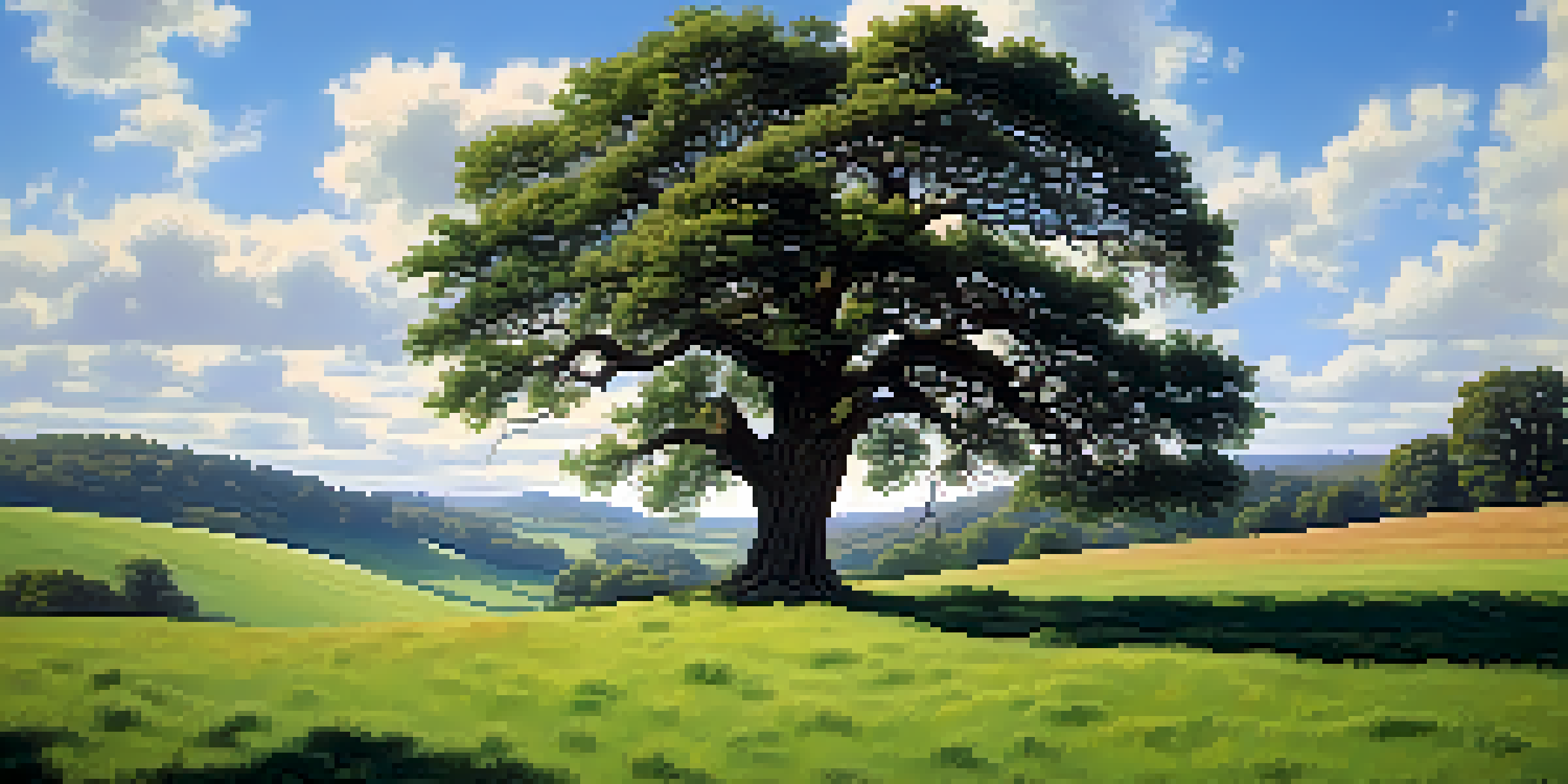 A tranquil meadow with a large oak tree, rolling hills, and a clear blue sky.