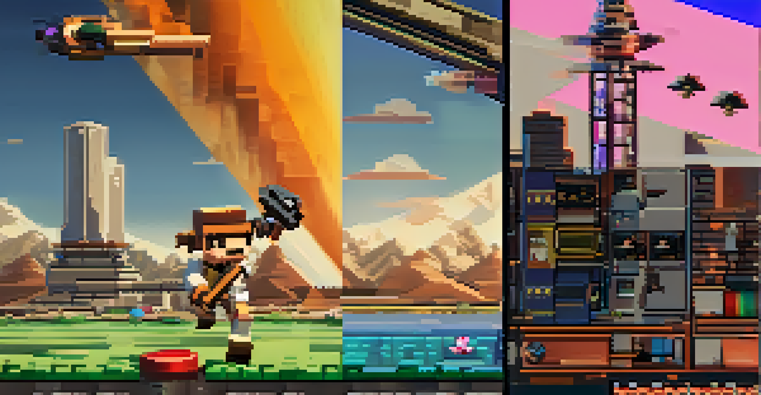 An image split showing the evolution of a video game character from pixelated to realistic, with contrasting backgrounds.