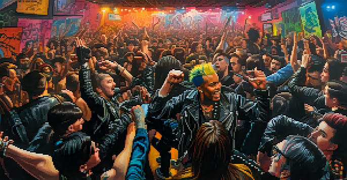 A lively punk concert with musicians on stage and an enthusiastic audience in leather jackets and colorful hairstyles, surrounded by graffiti art.