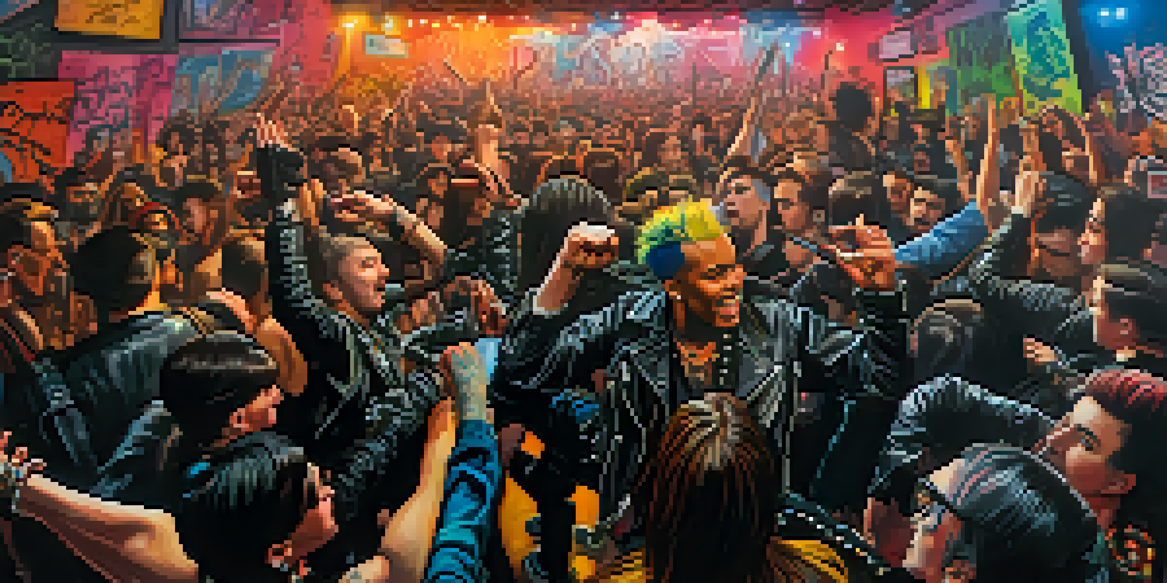 A lively punk concert with musicians on stage and an enthusiastic audience in leather jackets and colorful hairstyles, surrounded by graffiti art.