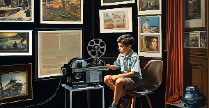A young boy watching a film projector in a dimly lit room, surrounded by vintage film posters.