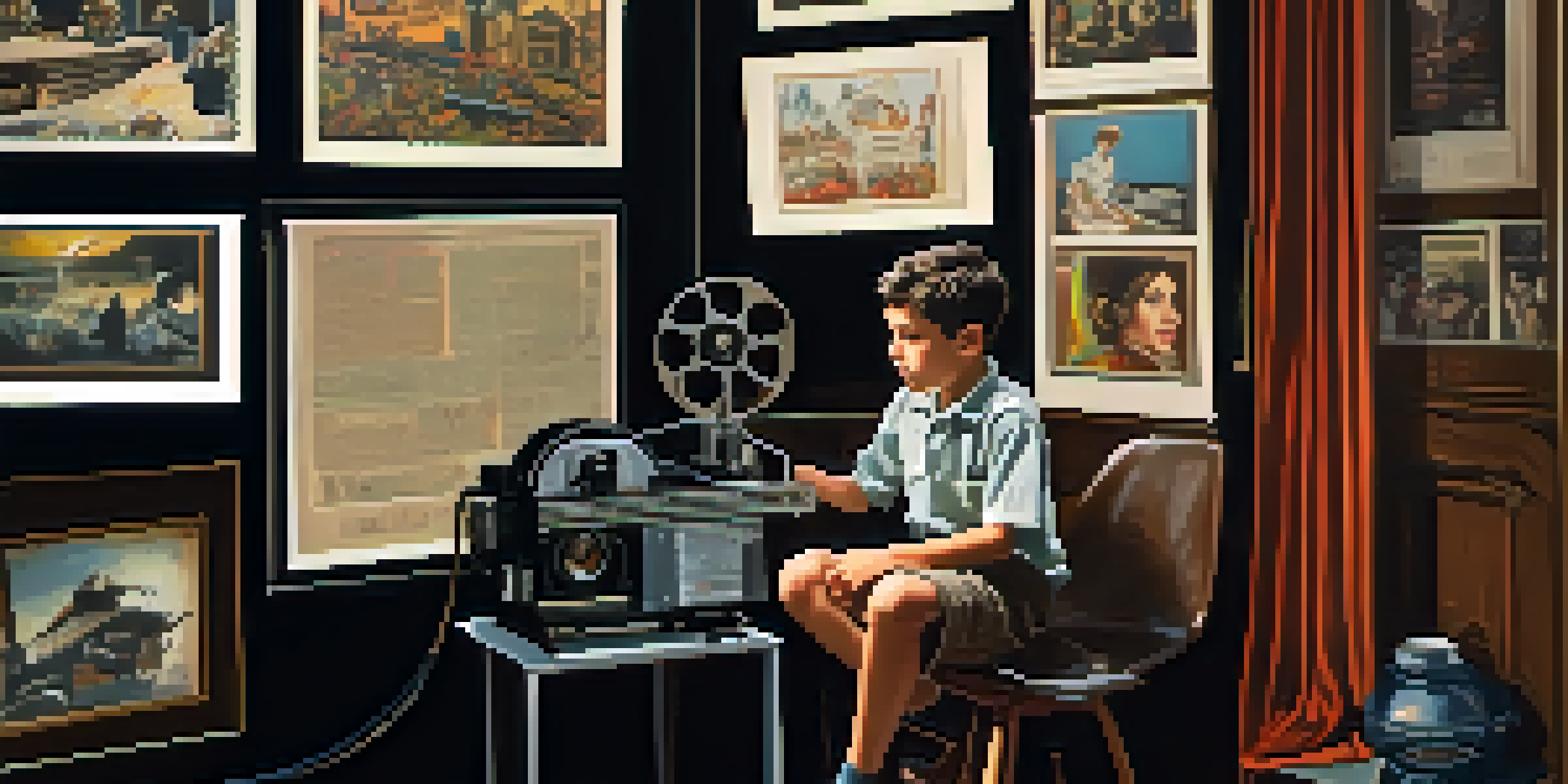 A young boy watching a film projector in a dimly lit room, surrounded by vintage film posters.