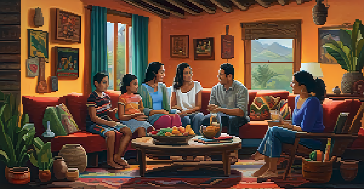 A family gathering in a cozy living room filled with traditional art and textiles, sharing stories together.