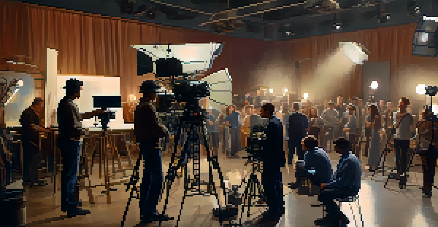 A busy film set with crew members discussing a script, cameras, and lighting equipment, showcasing the energy of film production.