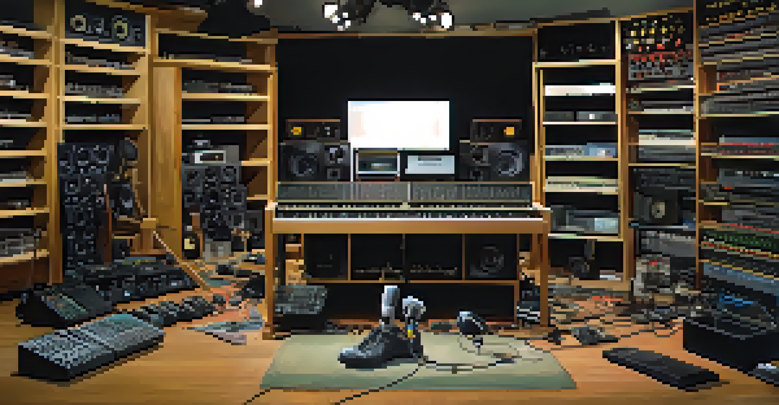 A Foley artist creating sound effects in a studio, surrounded by microphones and props.