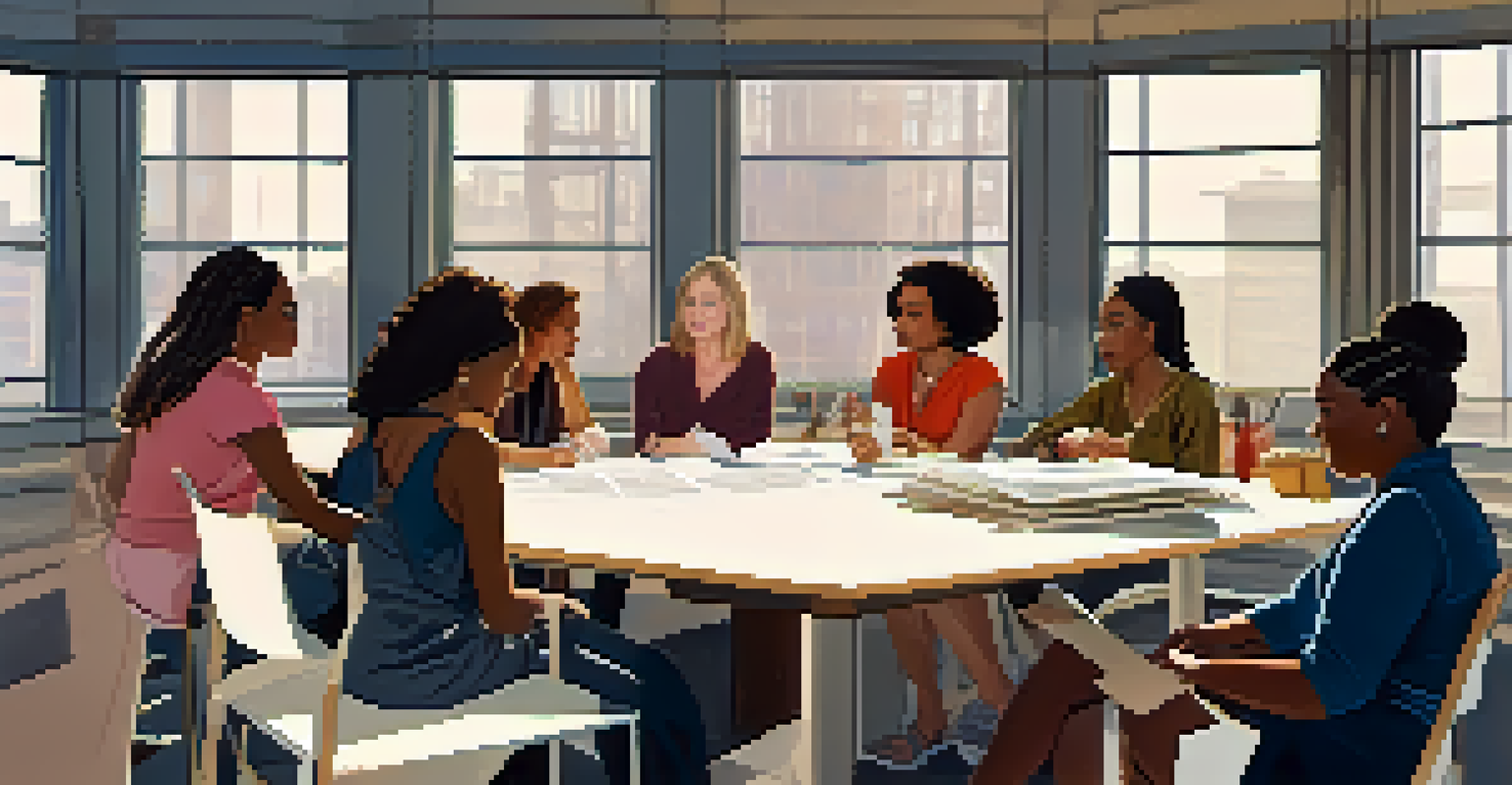 A diverse group of female film directors discussing scripts on a modern film set, with bright natural light illuminating their faces.
