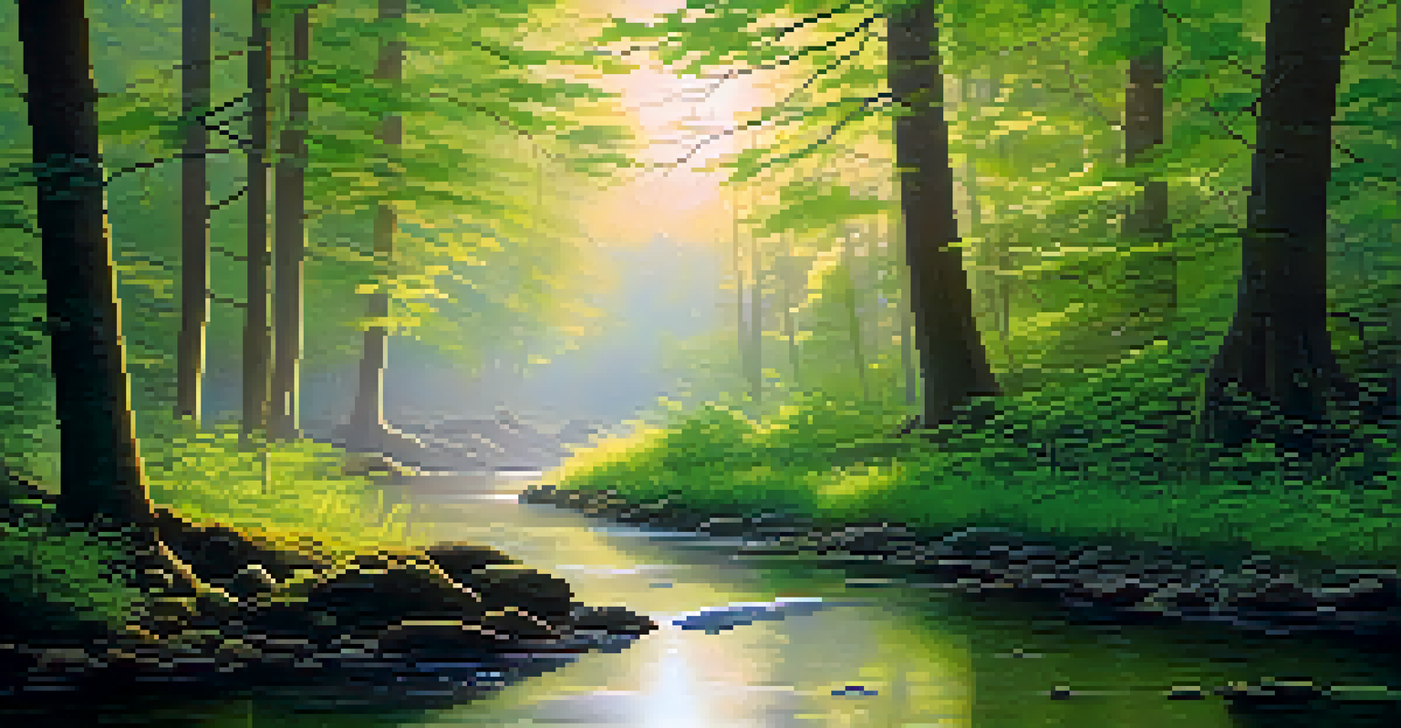 A tranquil forest at dawn with mist, tall trees, sunlight filtering through branches, and a reflecting stream.