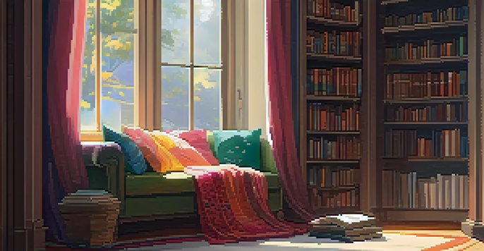 A warm and inviting reading nook with cushions, books, and a cup of tea, illuminated by soft sunlight.