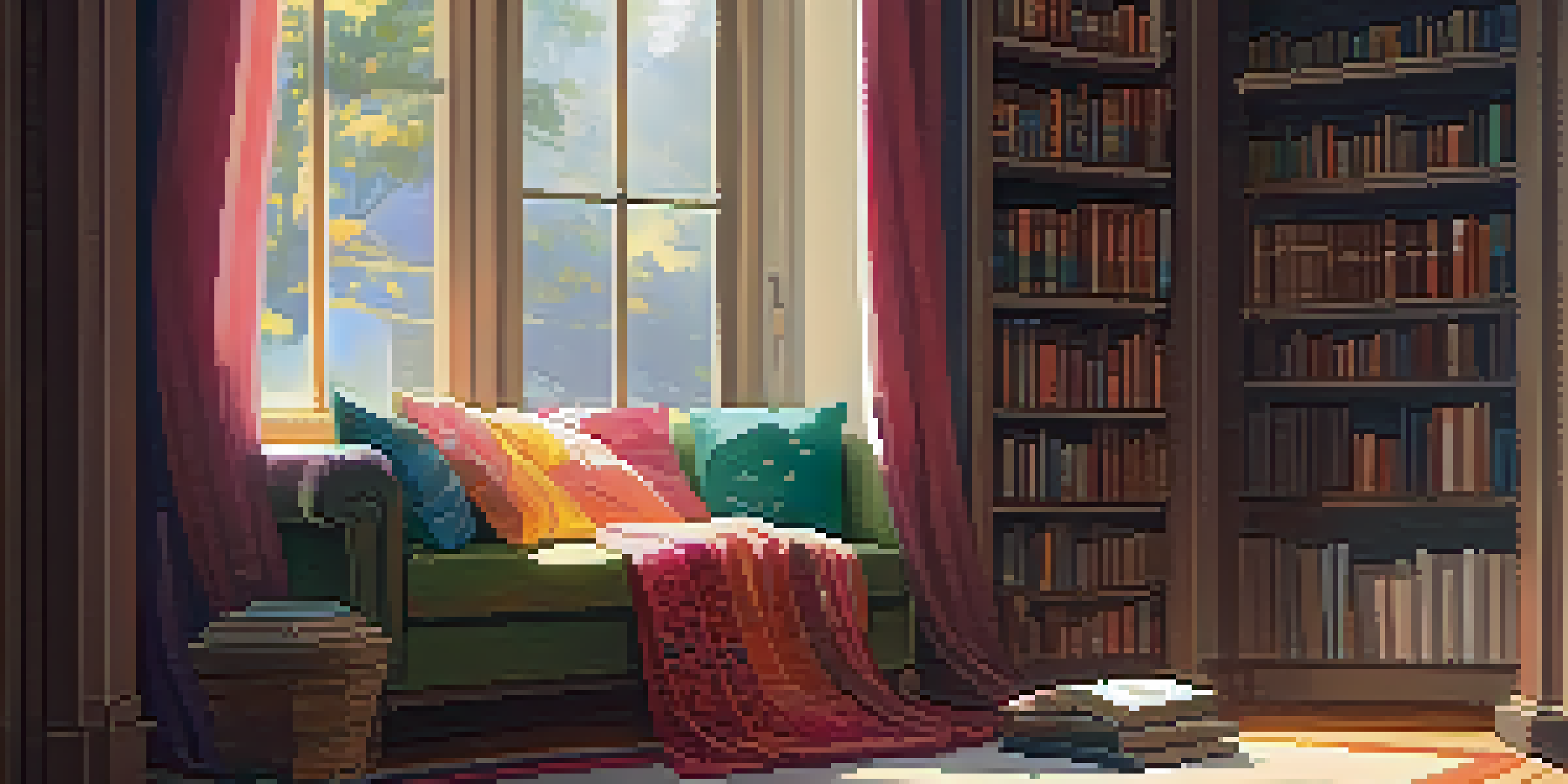 A warm and inviting reading nook with cushions, books, and a cup of tea, illuminated by soft sunlight.