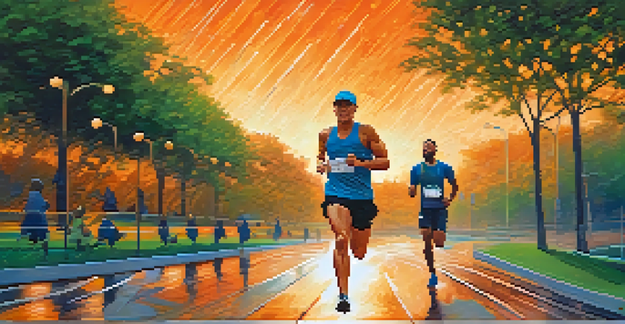 A colorful montage depicting a character's marathon training journey, including scenes of running in different weather conditions and celebrating success.