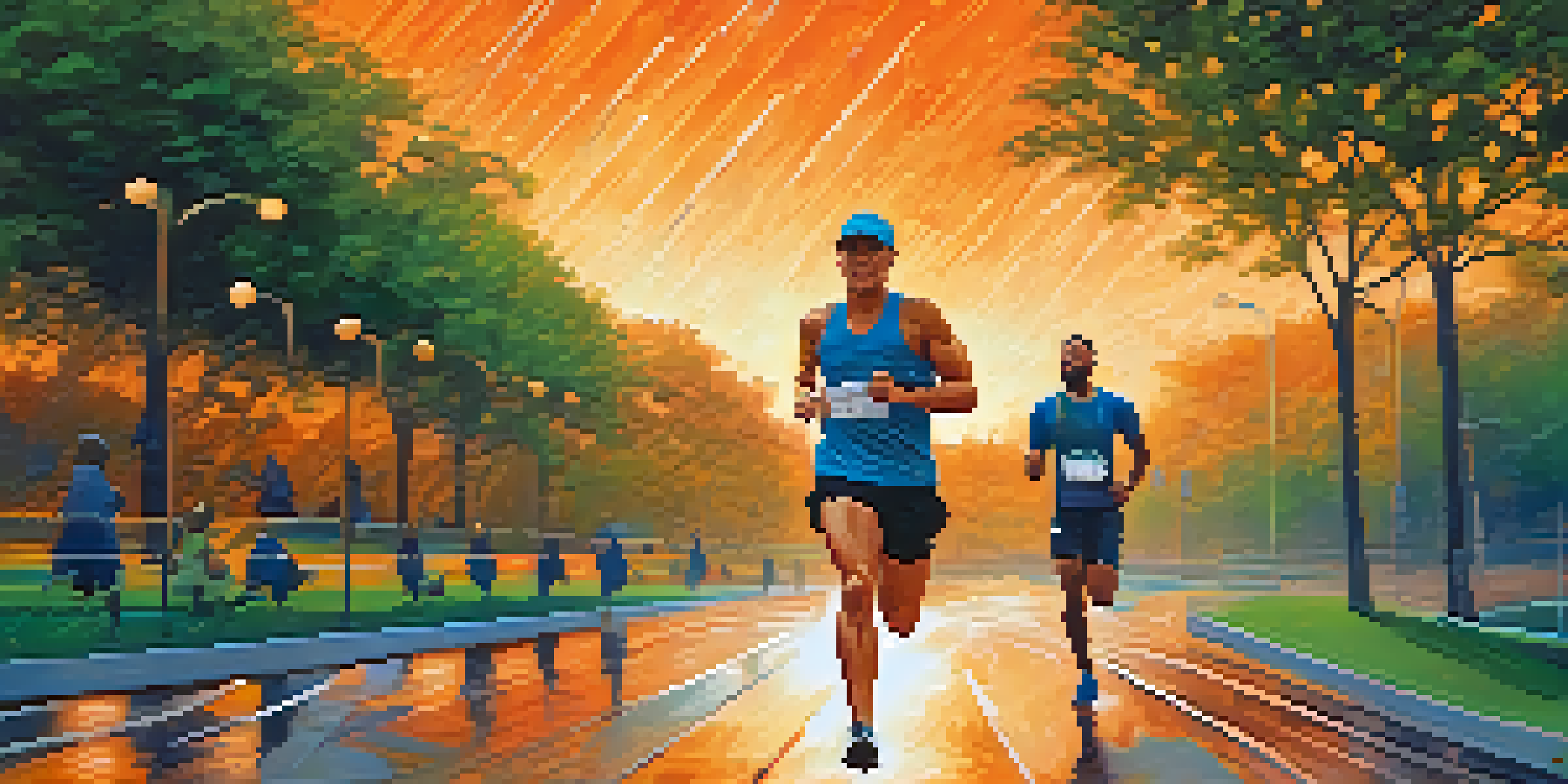 A colorful montage depicting a character's marathon training journey, including scenes of running in different weather conditions and celebrating success.