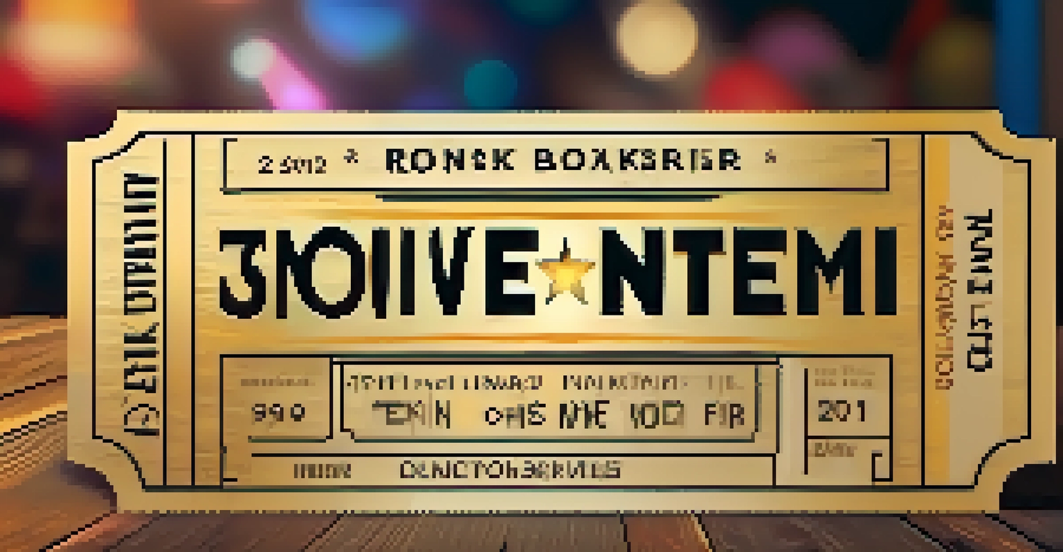 A close-up of a movie ticket with a golden star sticker, on a rustic wooden table with a blurred cinema screen in the background.