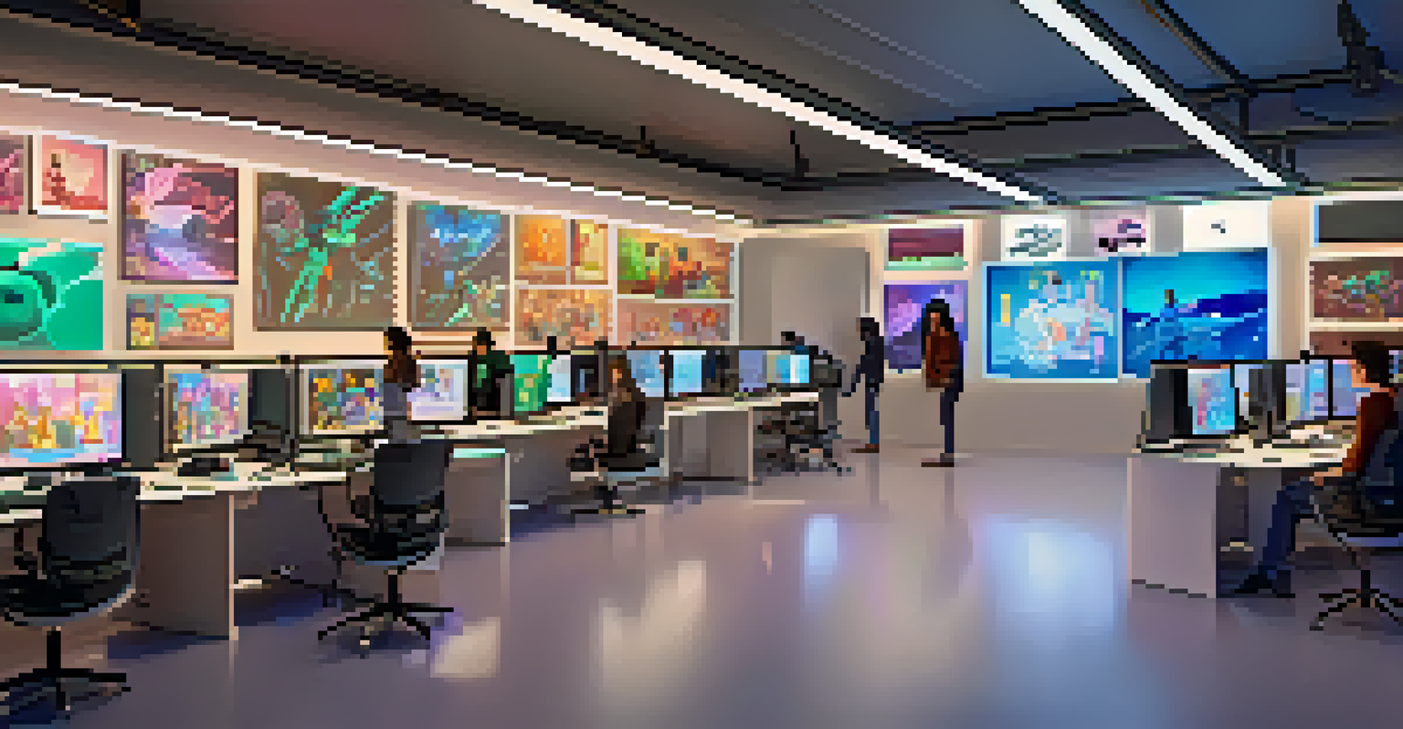 A futuristic animation studio with diverse animators collaborating on hybrid animation, surrounded by screens displaying hand-drawn and CGI art.