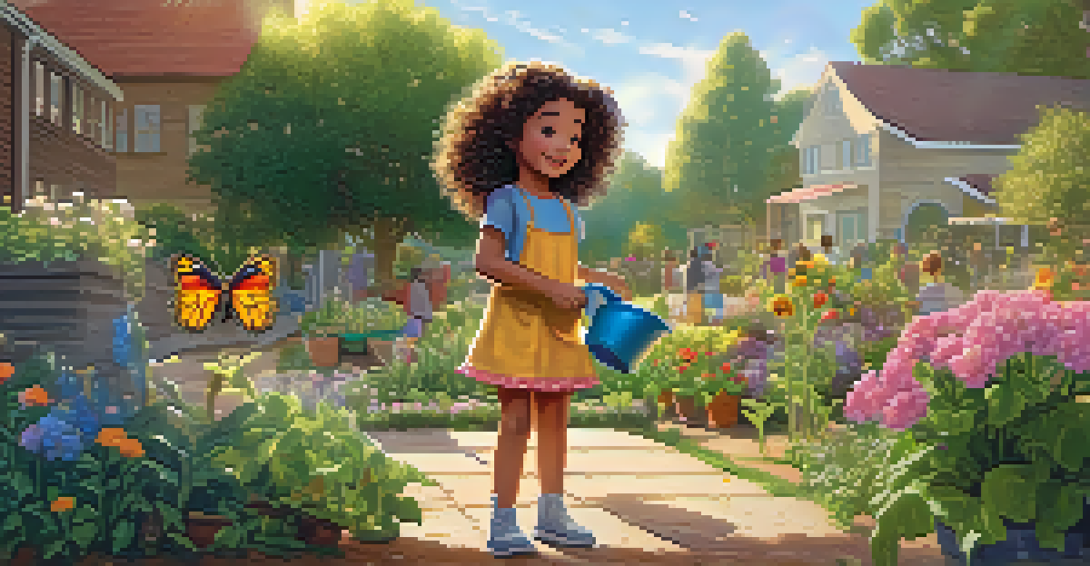 A young girl with curly hair watering a tree in a vibrant community garden filled with flowers and vegetables.