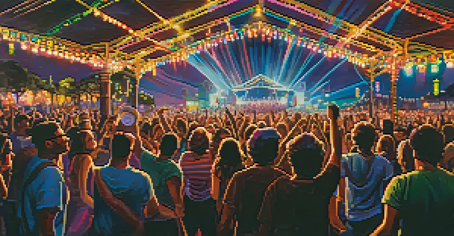A vibrant outdoor music festival at night with colorful lights and a lively crowd enjoying the performance.