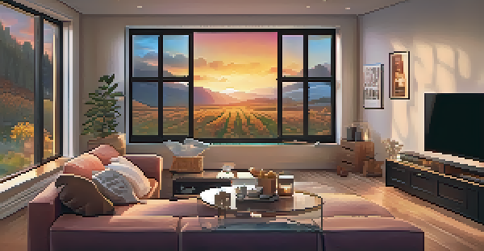 A living room with a TV showing a streaming service, comfortable couches, a sunset outside, and a bowl of popcorn on the table.