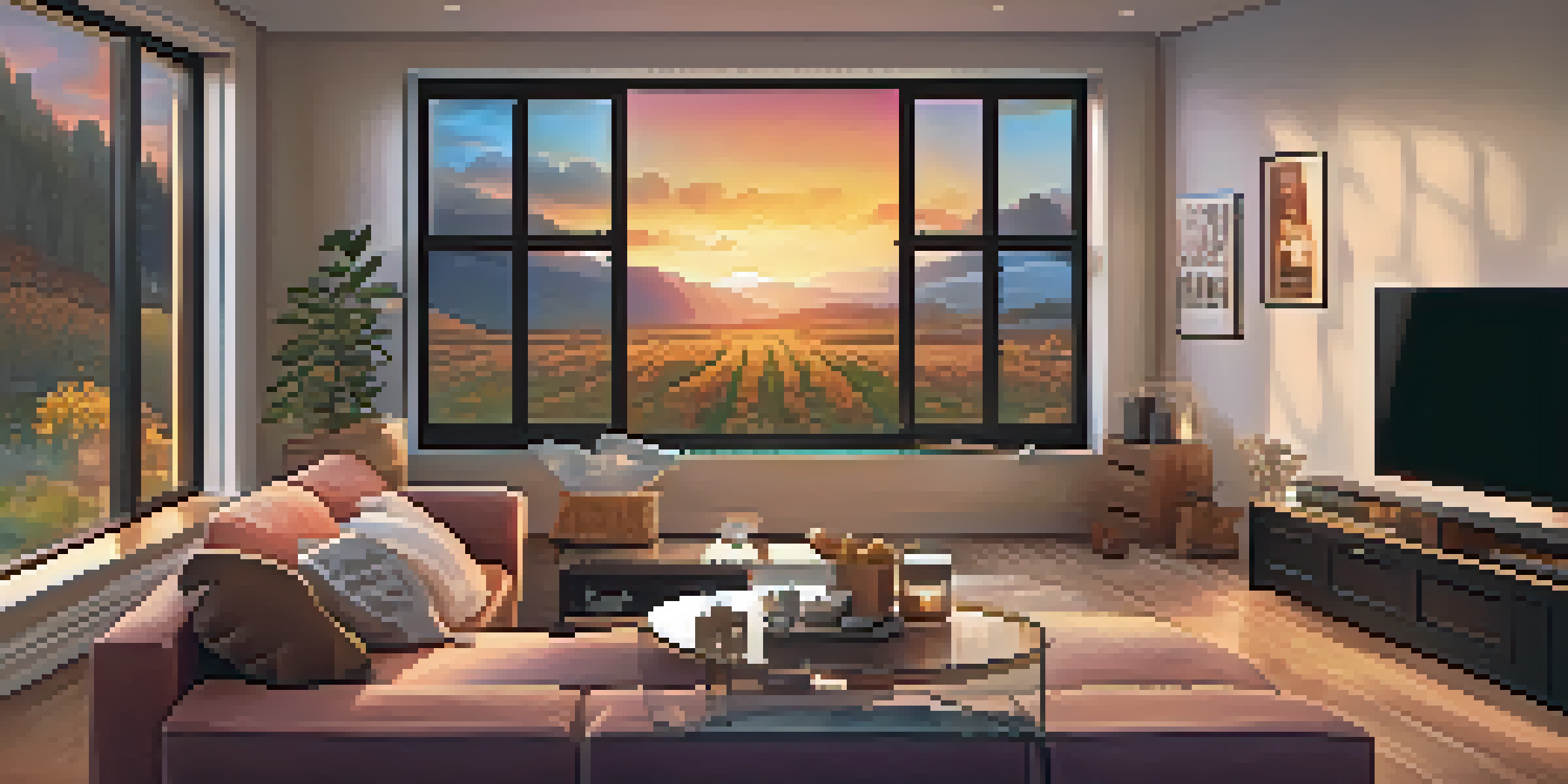 A living room with a TV showing a streaming service, comfortable couches, a sunset outside, and a bowl of popcorn on the table.