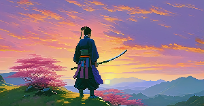A samurai in traditional armor standing on a hilltop at sunset, overlooking a green valley.