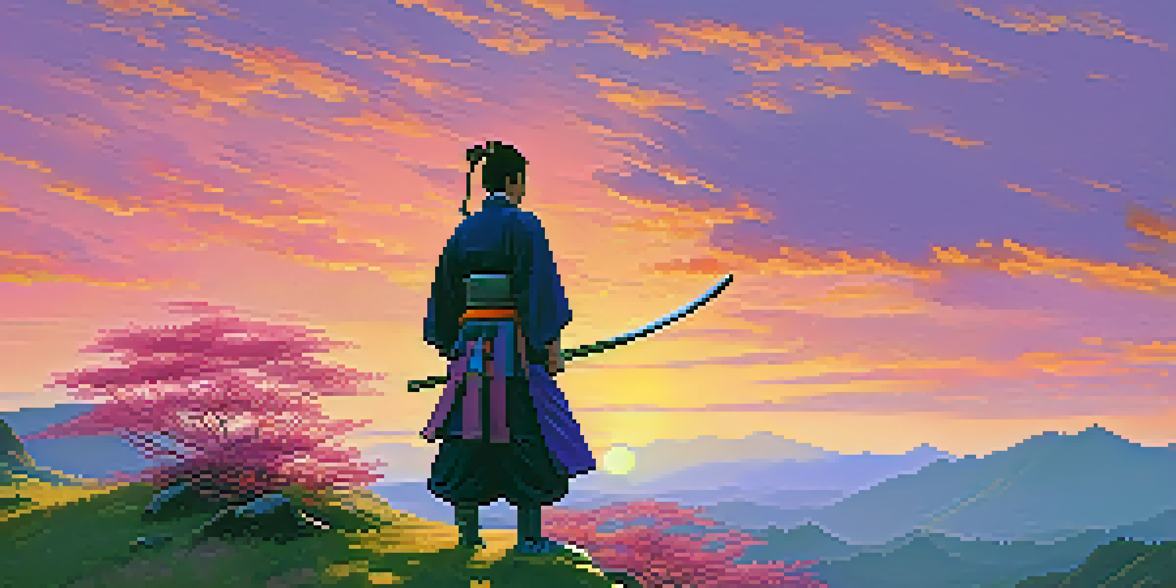 A samurai in traditional armor standing on a hilltop at sunset, overlooking a green valley.