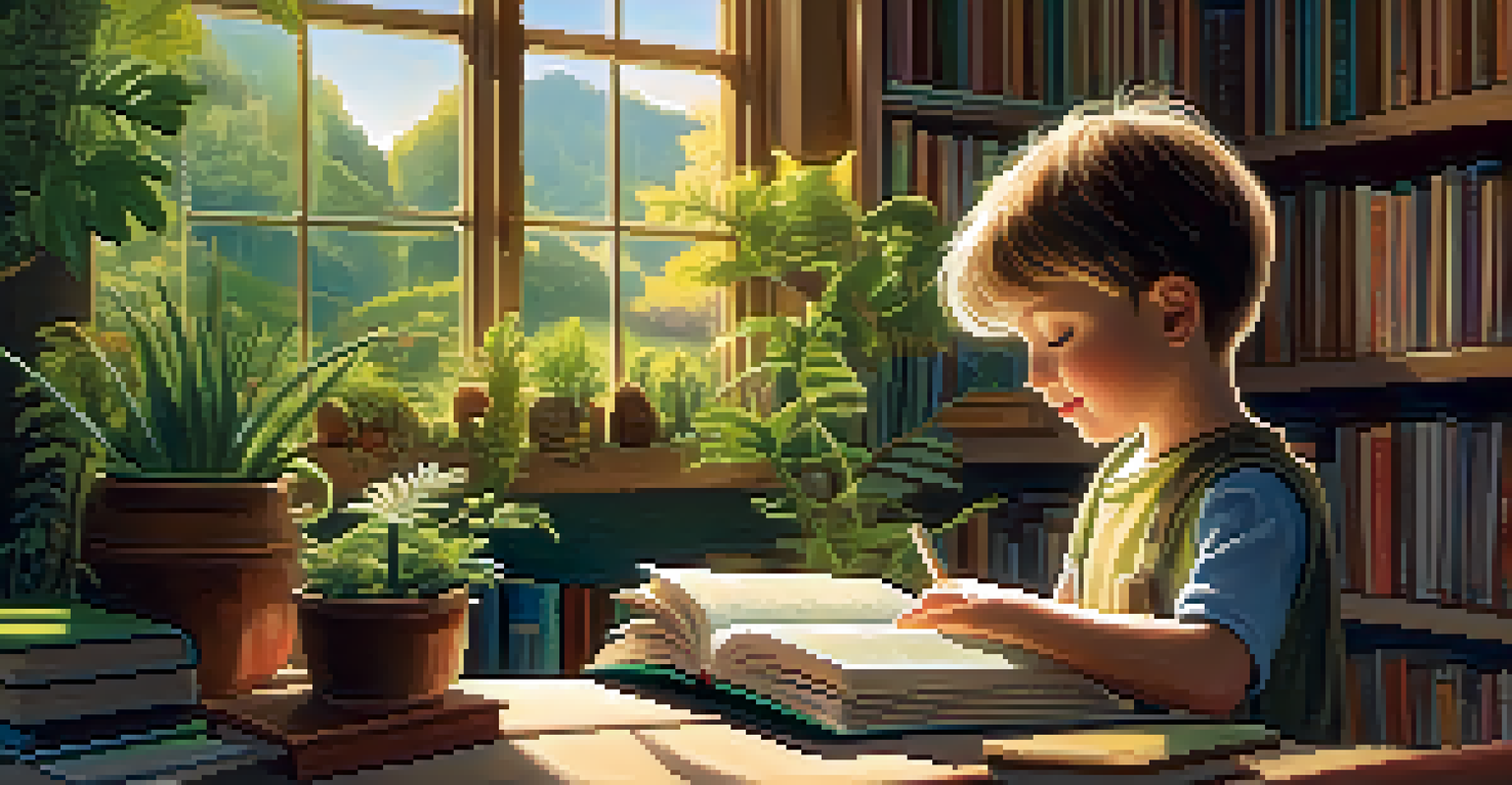 A child reading a nature book in a cozy library filled with plants, with sunlight streaming through a window.