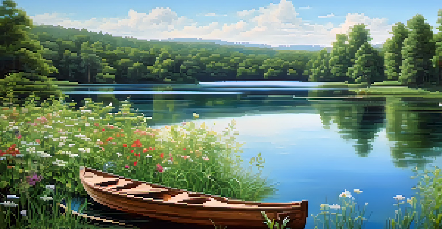 A tranquil lake surrounded by greenery and wildflowers with a wooden boat.