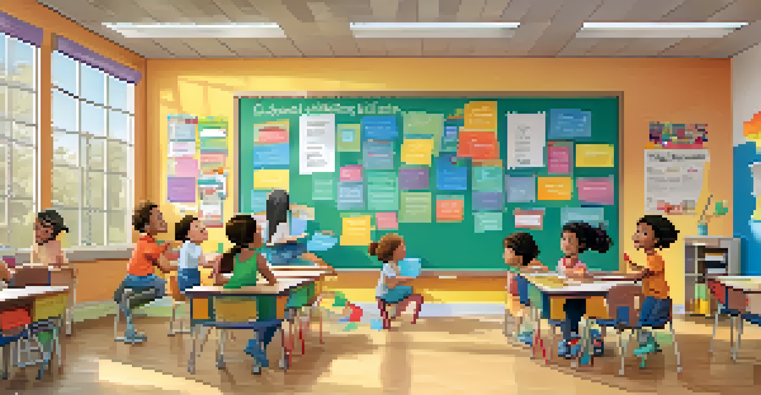 Children collaborating in a classroom on a project about mental health with a colorful bulletin board.