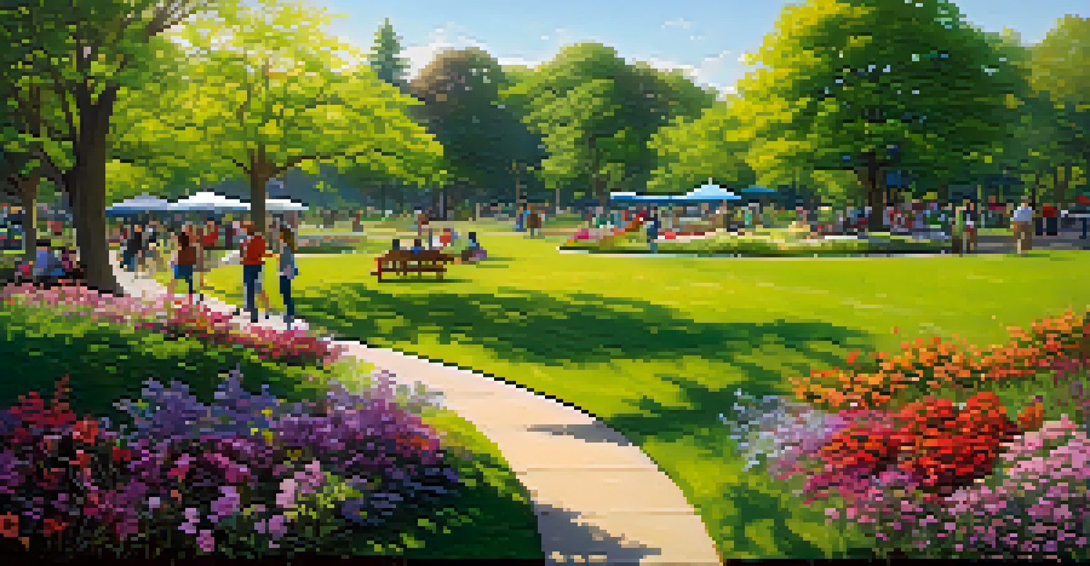 A lively park filled with blooming flowers and people enjoying the sunny day, representing themes of community and joy.