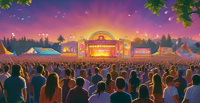 A music festival at sunset with a diverse crowd and colorful stage lights.