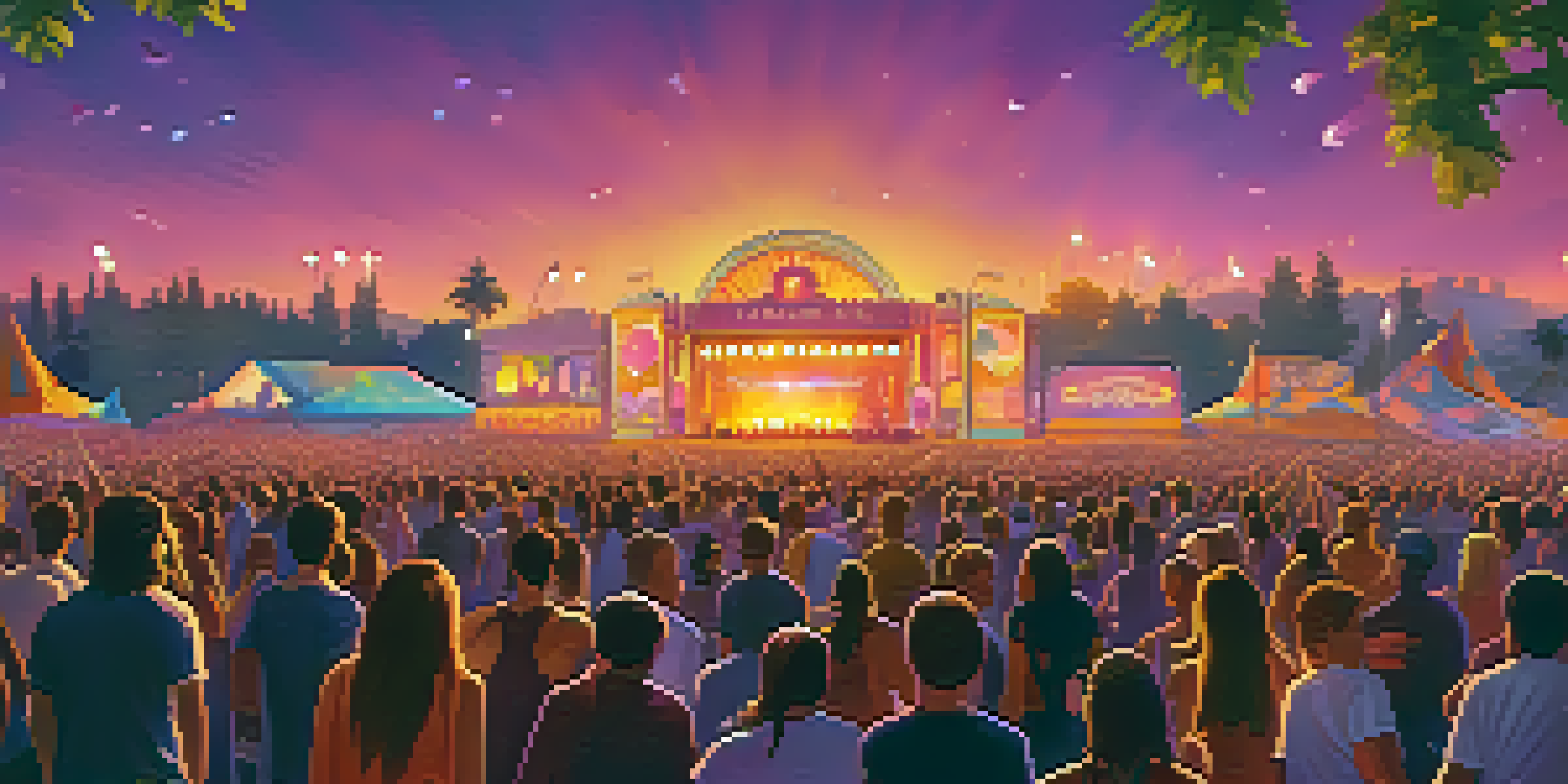 A music festival at sunset with a diverse crowd and colorful stage lights.