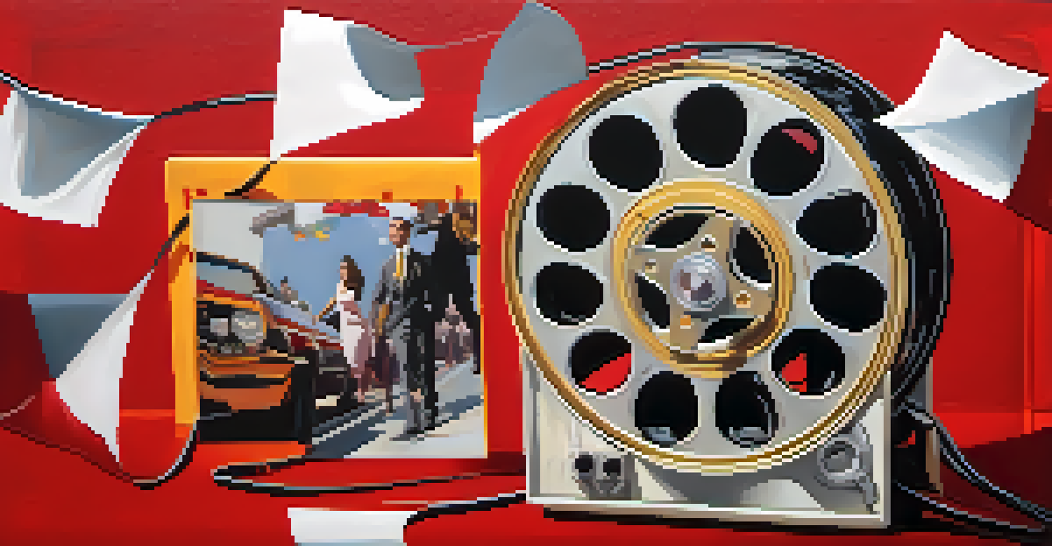 An artistic film reel unraveling with floating images of iconic satirical films, featuring a bold color scheme of reds and yellows with a spotlight effect.