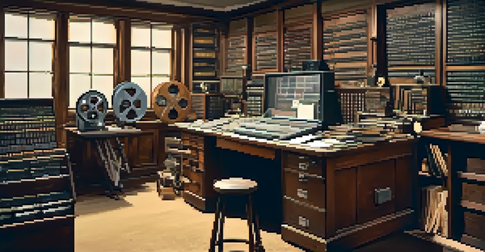 A vintage film editing room filled with film reels and editing tools, illuminated by warm ambient lighting.